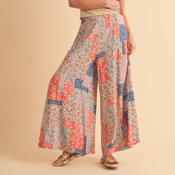 D11 PRINTED PATCHWORK CORAL AND BLUE WIDE LEG PANT